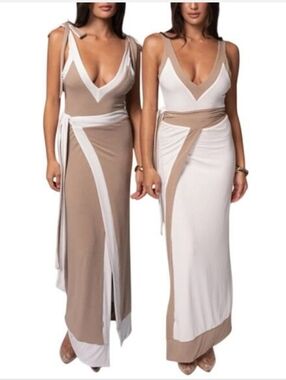 JLUXLABEL Two-Tone V-Neck Maxi Dress in Beige and White
